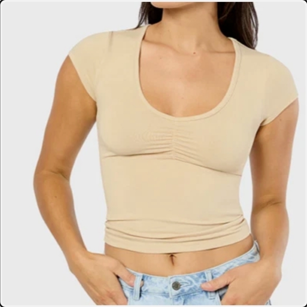 We Wore What Short Sleeve Ruched Tee Cotton Jersey Beige Size Small NWT